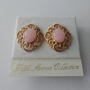 NEW vintage authentic rose quartz large gold clip-on earrings